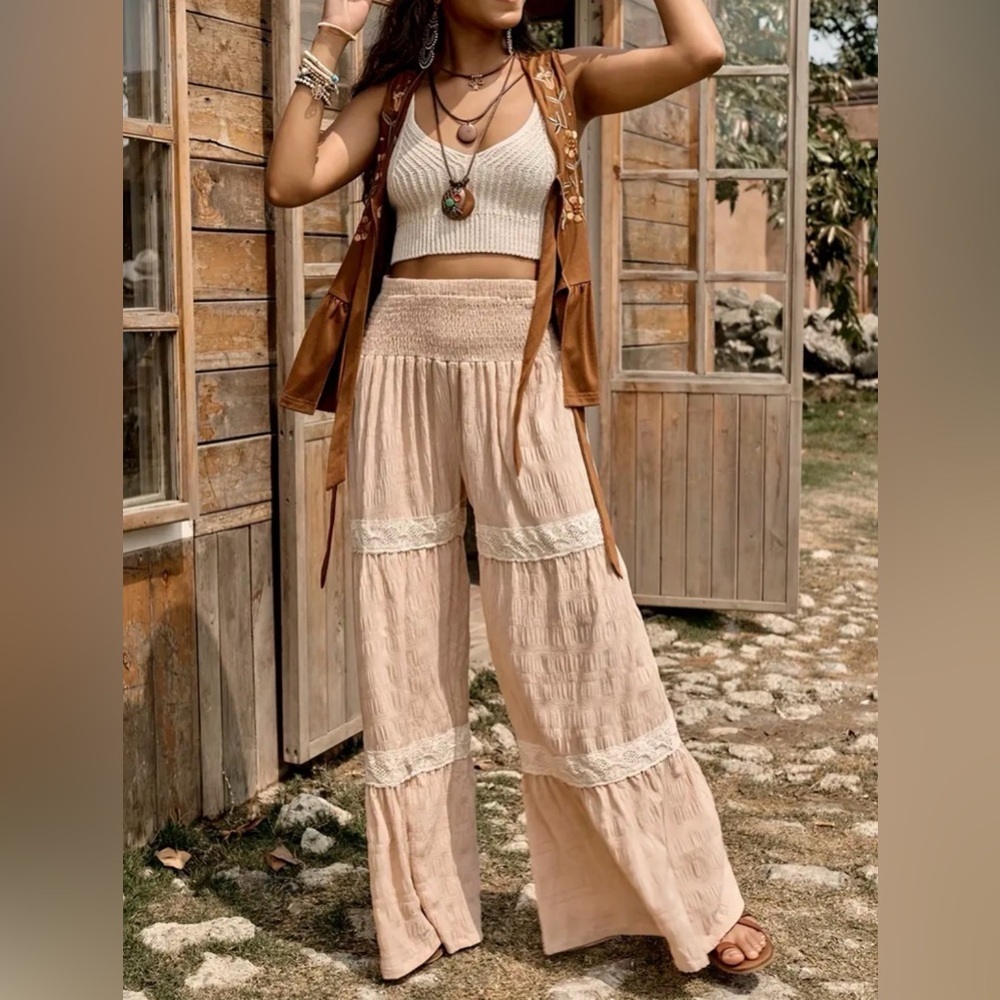 Boho Chic Crochet Lace Tiered Wide Leg Textured Palazzo Pants Coastal Cowgirl L